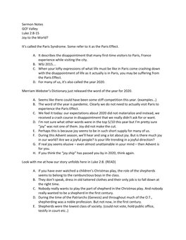 Sermon Notes GCF Valley Luke 2:8-15 Joy to the World?