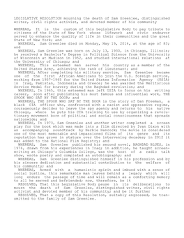 LEGISLATIVE RESOLUTION Mourning the Death of Sam Greenlee, Distinguished Writer, Civil Rights Activist, and Devoted Member of His Community