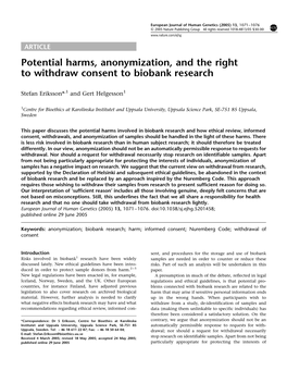 Potential Harms, Anonymization, and the Right to Withdraw Consent to Biobank Research