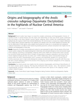 Origins and Biogeography of the Anolis Crassulus Subgroup (Squamata: Dactyloidae) in the Highlands of Nuclear Central America Erich P