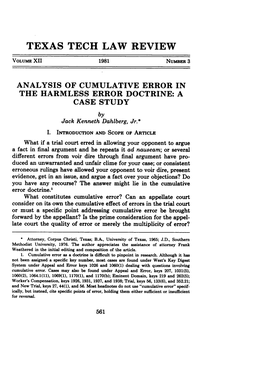 ANALYSIS of CUMULATIVE ERROR in the HARMLESS ERROR DOCTRINE: a CASE STUDY by Jack Kenneth Dahlberg, Jr.*