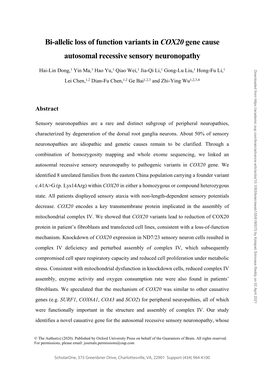 Bi-Allelic Loss of Function Variants in COX20 Gene Cause Autosomal Recessive Sensory Neuronopathy