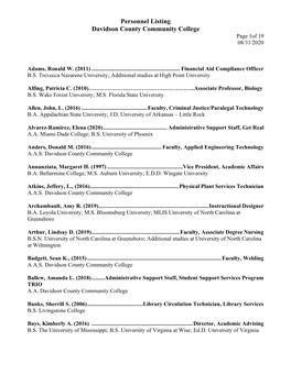 Personnel Listing Davidson County Community College Page 1Of 19 08/31/2020