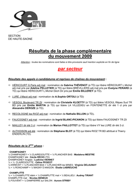 Résultats De La Phase Complémentaire Du Mouvement 2009 Par Secteur