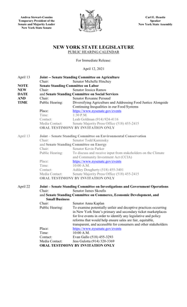 New York State Legislature Public Hearing Calendar