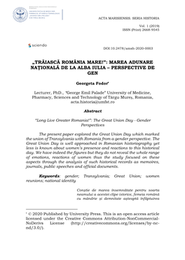 „Trăiască România Mare!”: Marea Adunare Naţională De La Alba Iulia – Perspective De Gen