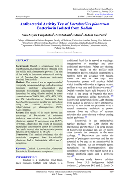 Antibacterial Activity Test of Lactobacillus Plantarum Bacteriocin Isolated from Dadiah