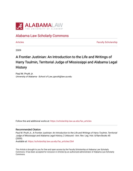 An Introduction to the Life and Writings of Harry Toulmin, Territorial Judge of Mississippi and Alabama Legal History
