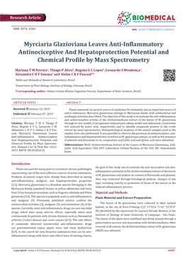 Myrciaria Glazioviana Leaves Anti-Inflammatory Antinociceptive and Hepatoprotection Potential and Chemical Profile by Mass Spectrometry