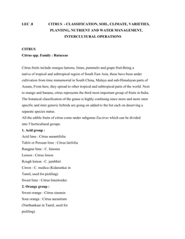 Lec .8 Citrus - Classification, Soil, Climate, Varieties, Planting, Nutrient and Water Management, Intercultural Operations