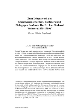 Zum Lebenswerk Des Sozialwissenschaftlers, Politikers Und Pädagogen Professor Dr