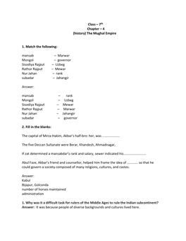 Class – 7Th Chapter – 4 (History) the Mughal Empire 1. Match the Following