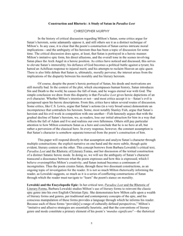 Construction and Rhetoric: a Study of Satan in Paradise Lost CHRISTOPHER MURPHY in the History of Critical Discussion Regarding