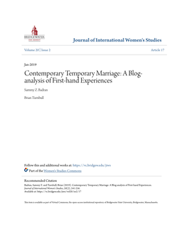 Contemporary Temporary Marriage: a Blog- Analysis of First-Hand Experiences Sammy Z