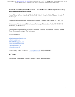 Ancestrally Shared Regenerative Mechanisms Across the Metazoa: a Transcriptomic Case Study in the Demosponge Halisarca Caerulea