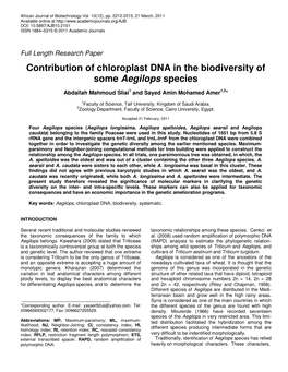 Contribution of Chloroplast DNA in the Biodiversity of Some Aegilops Species