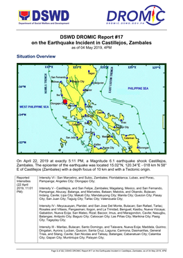DSWD DROMIC Report #17 on the Earthquake Incident in Castillejos, Zambales As of 04 May 2019, 4PM