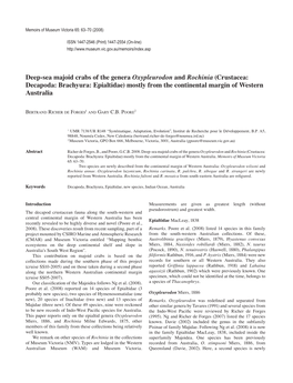 Deep-Sea Majoid Crabs of the Genera Oxypleurodon and Rochinia (Crustacea: Decapoda: Brachyura: Epialtidae) Mostly from the Continental Margin of Western Australia