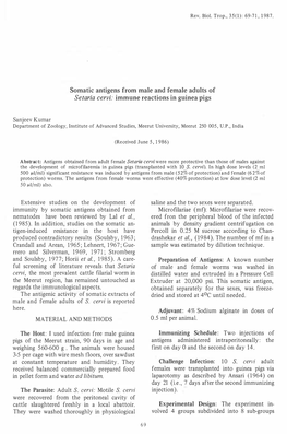 Somatic Antigens from Male and Female Adults of Setaria Cervi: Immune Reactions in Guinea Pigs