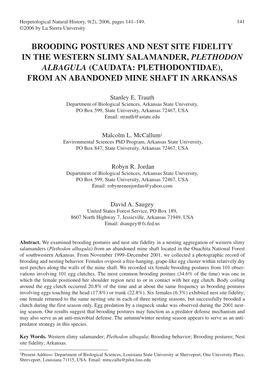 Brooding Postures and Nest Site Fidelity in the Western Slimy Salamander, Plethodon Albagula (Caudata: Plethodontidae), from an Abandoned Mine Shaft in Arkansas