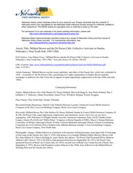 Article Title: Mildred Brown and the De Porres Club: Collective Activism in Omaha, Nebraska's, Near North Side, 1947-1960