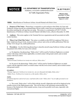 N JO 7110.511 Identification of Northwest Airlines Aircraft Painted