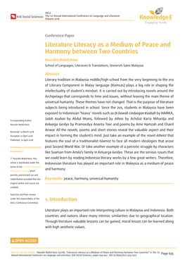 Literature Literacy As a Medium of Peace and Harmony Between Two Countries Noordin Mohd Noor School of Languages, Literacies & Translations, Universiti Sains Malaysia