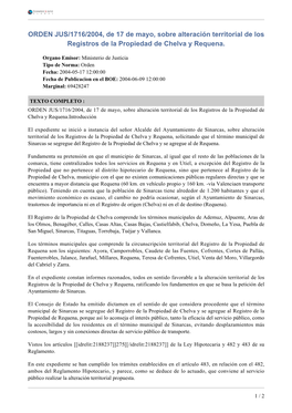 ORDEN JUS/1716/2004, De 17 De Mayo, Sobre Alteración Territorial De Los Registros De La Propiedad De Chelva Y Requena