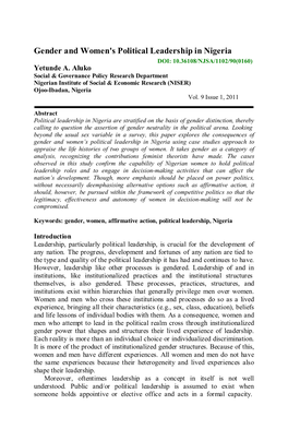 Gender and Women's Political Leadership in Nigeria DOI: 10.36108/NJSA/1102/90(0160) Yetunde A
