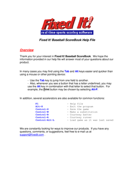 Fixed It! Baseball Scorebook Help File Overview