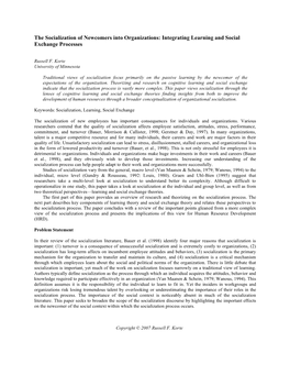 The Socialization of Newcomers Into Organizations: Integrating Learning and Social Exchange Processes