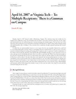 April 16, 2007 at Virginia Tech— To: Multiple Recipients: 'There Is A