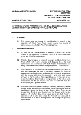 Argyll and Bute Council Bute and Cowal Area Committee Mid Argyll, Kintyre and the Islands Area Committee Corporate Services November 2007