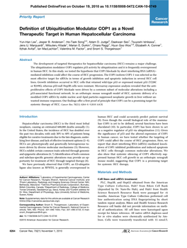 Definition of Ubiquitination Modulator COP1 As a Novel Therapeutic Target in Human Hepatocellular Carcinoma