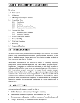 UNIT 2 DESCRIPTIVE STATISTICS Introduction to Statistics