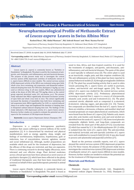 Neuropharmacological Profile of Methanolic Extract of Leucas Aspera Leaves in Swiss Albino Mice Rashed Reza1, Md