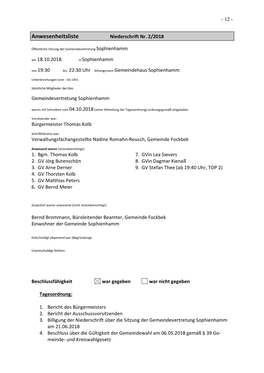 Anwesenheitsliste Niederschrift Nr