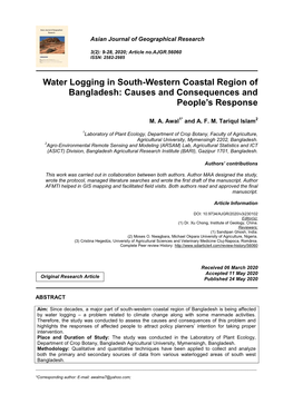 Water Logging in South-Western Coastal Region of Bangladesh: Causes and Consequences and People’S Response