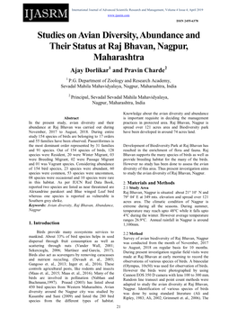 Studies on Avian Diversity, Abundance and Their Status at Raj Bhavan, Nagpur, Maharashtra