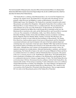 2003 Water Quality Assessment Report (Report No: 81-AC-4, DWM Control No: CN107.5) Describes the Nashua River Watershed As