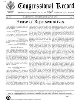 Congressional Record United States Th of America PROCEEDINGS and DEBATES of the 104 CONGRESS, FIRST SESSION