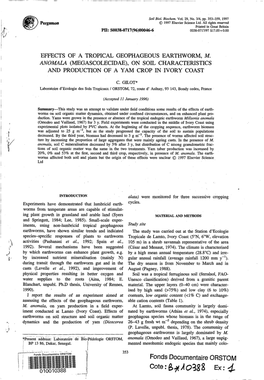 Effects of a Tropical Geophageous Earthworm, M. Anomala (Megascolecidae), on Soil Characteristics and Production of a Yam Crop in Ivory Coast