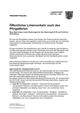 Öffentlicher Linienverkehr Nach Den Pfingstferien Neue Sperrungen Sowie Änderungen Bei Den Sperrungen B 20 Und Furth Bei Dietersburg