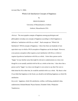 Whole Life Satisfaction Concepts of Happiness