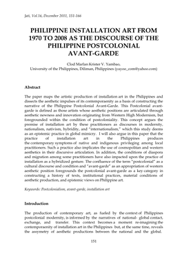 Philippine Installation Art from 1970 to 2008 As the Discourse of the Philippine Postcolonial Avant-Garde