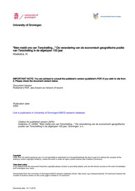 Men Meldt Ons Van Terschelling..." De Verandering Van De Economisch Geografische Positie Van Terschelling in De Afgelopen 100 Jaar Hoekstra, H