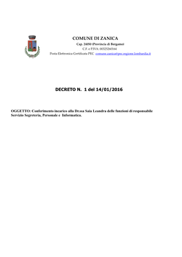 COMUNE DI ZANICA DECRETO N. 1 Del 14/01/2016