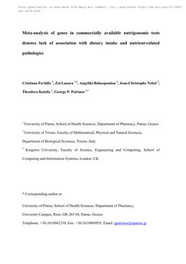 Meta-Analysis of Genes in Commercially Available Nutrigenomic Tests Denotes Lack of Association with Dietary Intake and Nutrient-Related Pathologies