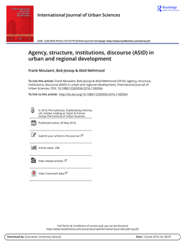 (2016) Agency, Structure, Institutions, Discourse (ASID) in Urban And