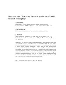 Emergence of Clustering in an Acquaintance Model Without Homophily